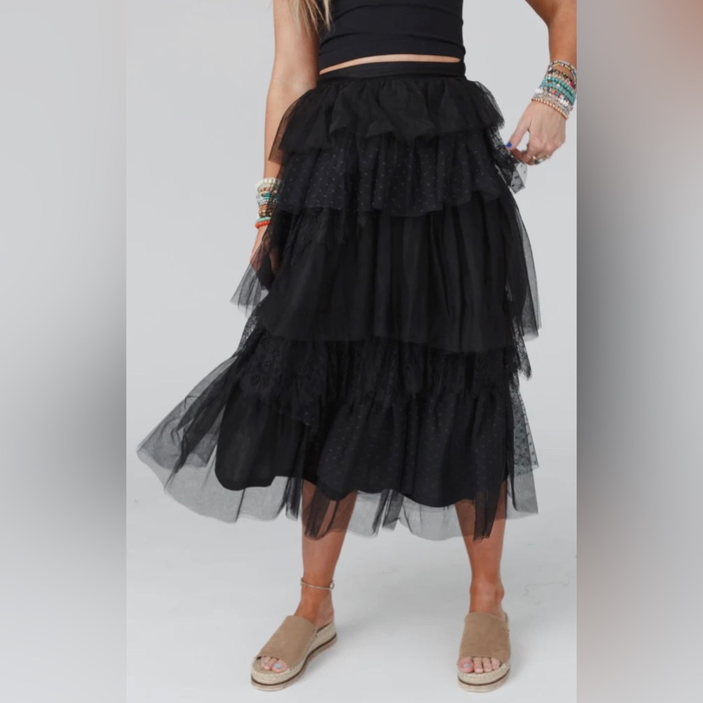 Three Bird Nest Tiered Lace Black Midi Skirt NWT